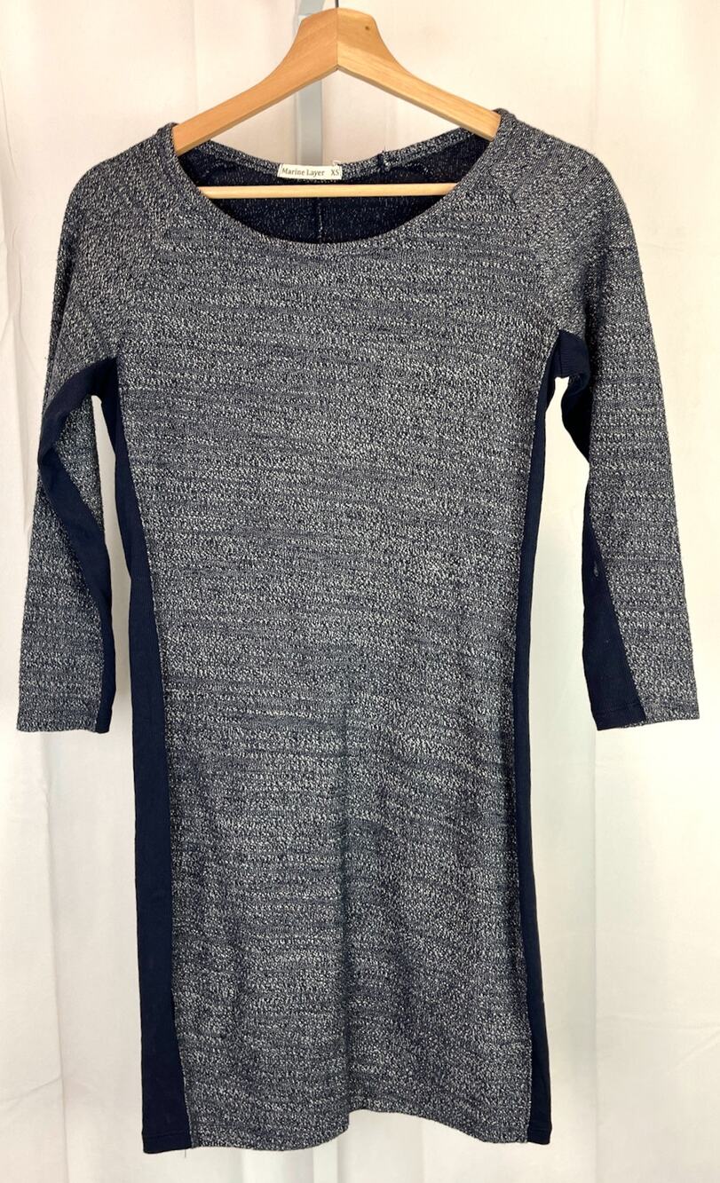 MARINE LAYER Size XS 3/4 Sleeve Stretch Knit Side Stripe Mini Dress Marled Blue